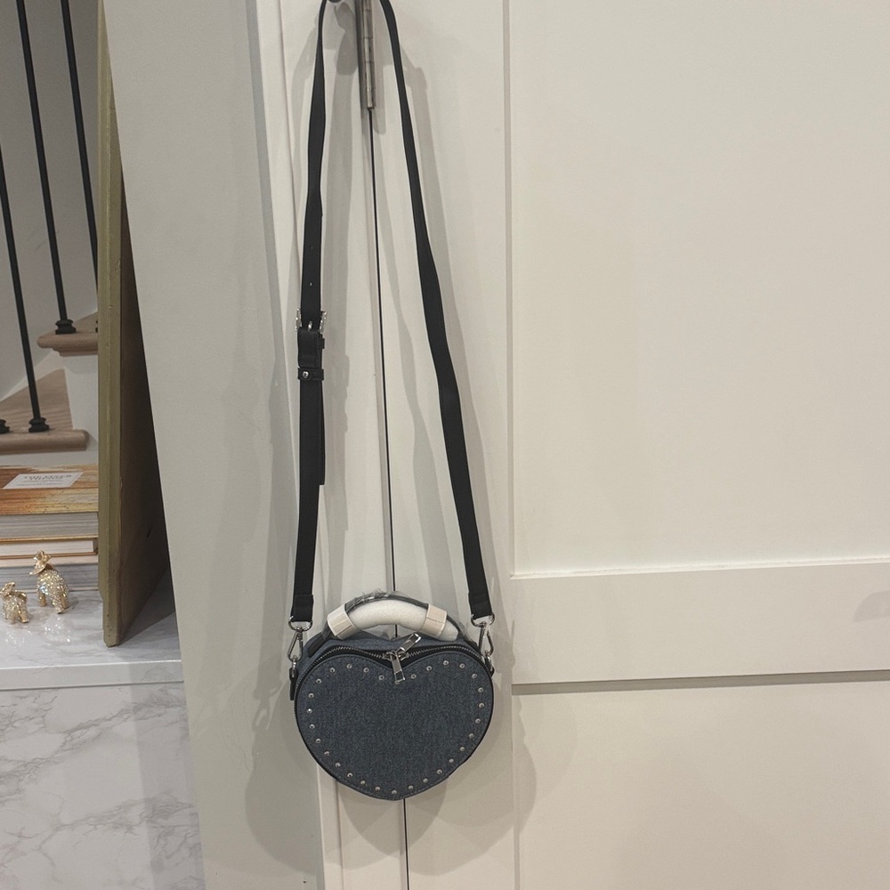 Heart-Shaped Denim Crossbody Bag with Stud Details